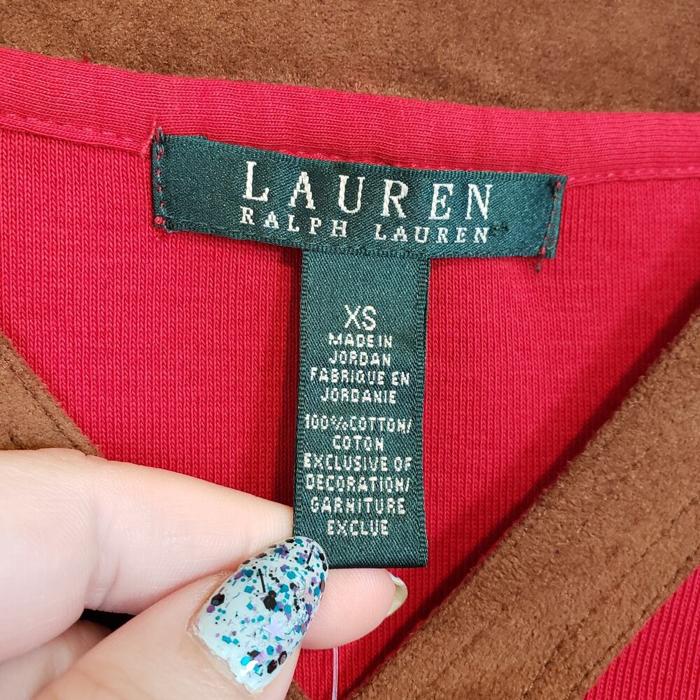 Lauren Ralph Lauren Red V-Neck Top‎ with Brown Faux Suede Trim Women's X Small - Picture 4 of 5